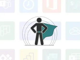 Confident superhero figure with a turquoise cape, standing with hands on hips. Microsoft 365 service logos in the background, highlighting collaboration and efficiency.