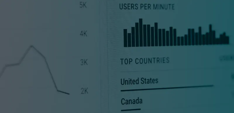 A desaturated image with a left to right gradient from grey to blue. A bar chart and line graph with digits and units.