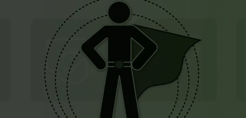 A desaturated image with a left to right gradient from grey to green. Confident superhero figure with a turquoise cape, standing with hands on hips. Microsoft 365 service logos in the background, highlighting collaboration and efficiency.