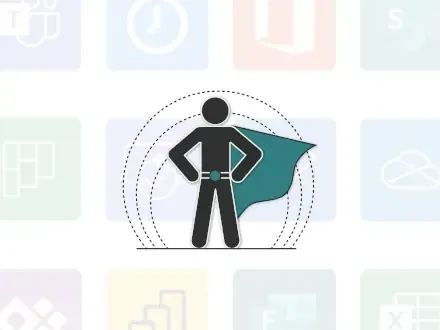 Confident superhero figure with a turquoise cape, standing with hands on hips. Microsoft 365 service logos in the background, highlighting collaboration and efficiency.